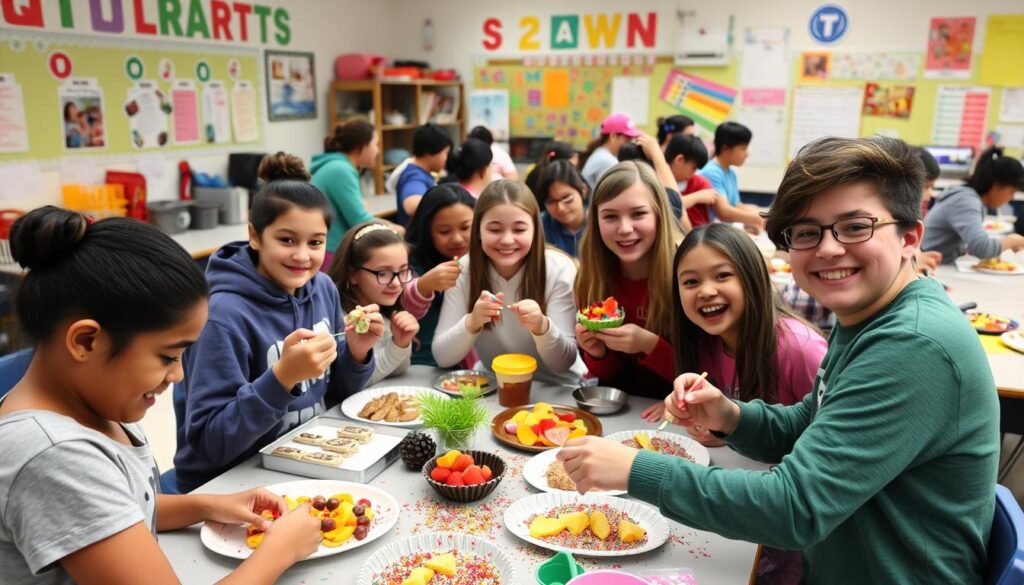 middle school students creating edible crafts