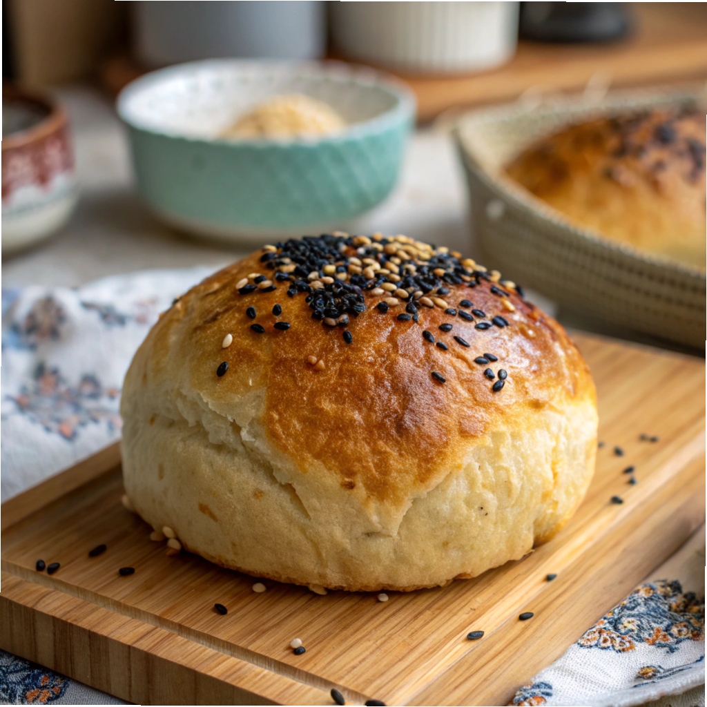 Korean Sesame Mochi Bread fresh from the oven with black sesame seeds.