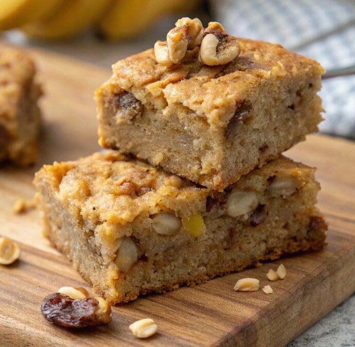 Soft and chewy vegan banana nut blondies with walnuts.