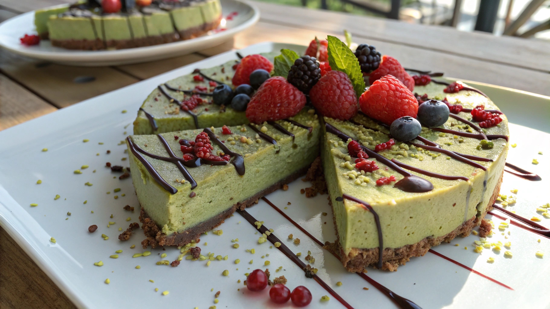 No-Bake Matcha Chocolate Berry Cheesecake