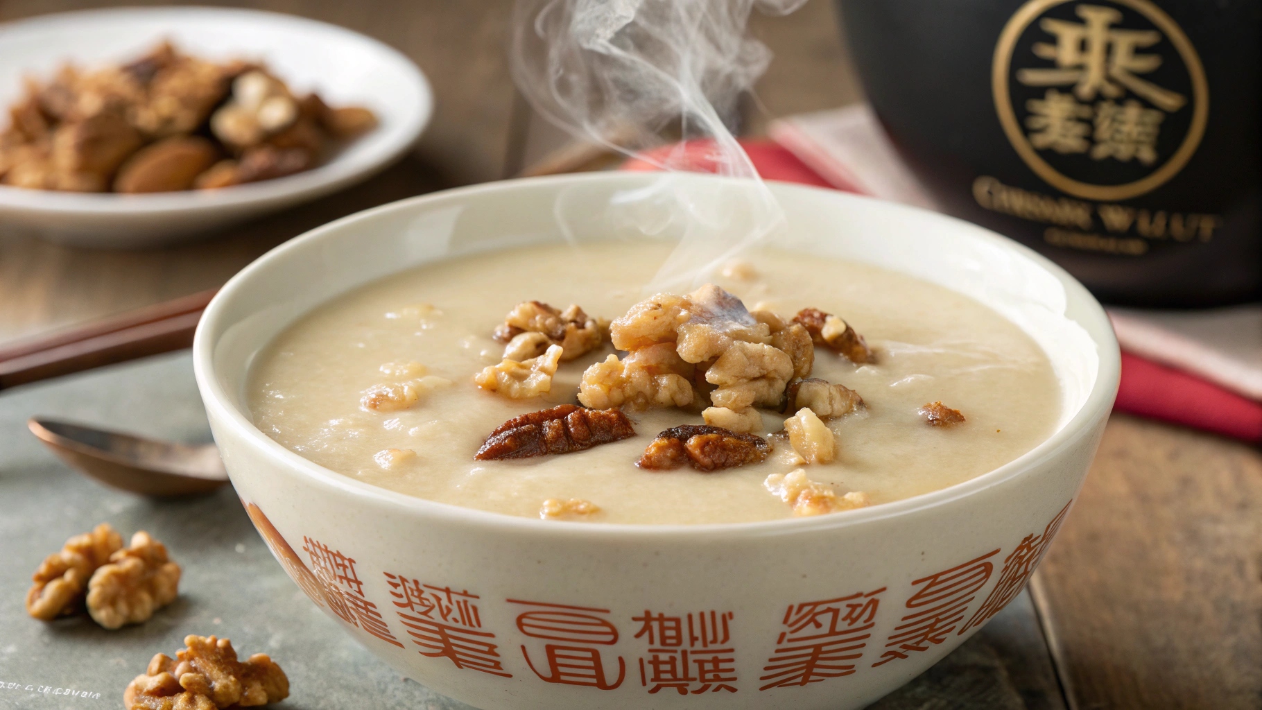 Chinese Creamy Walnut Dessert Soup in a bowl with walnut pieces