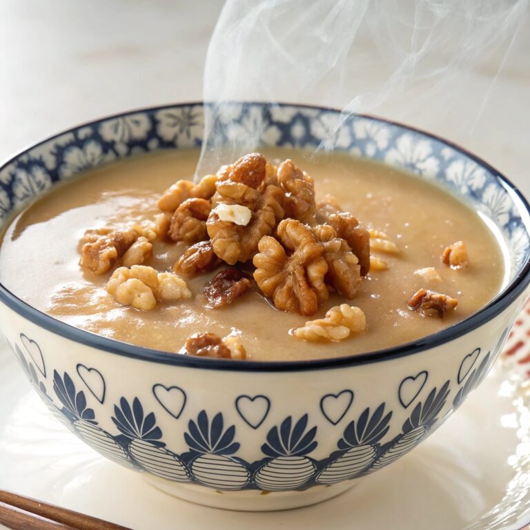 Chinese Creamy Walnut Dessert Soup in a bowl with walnut pieces