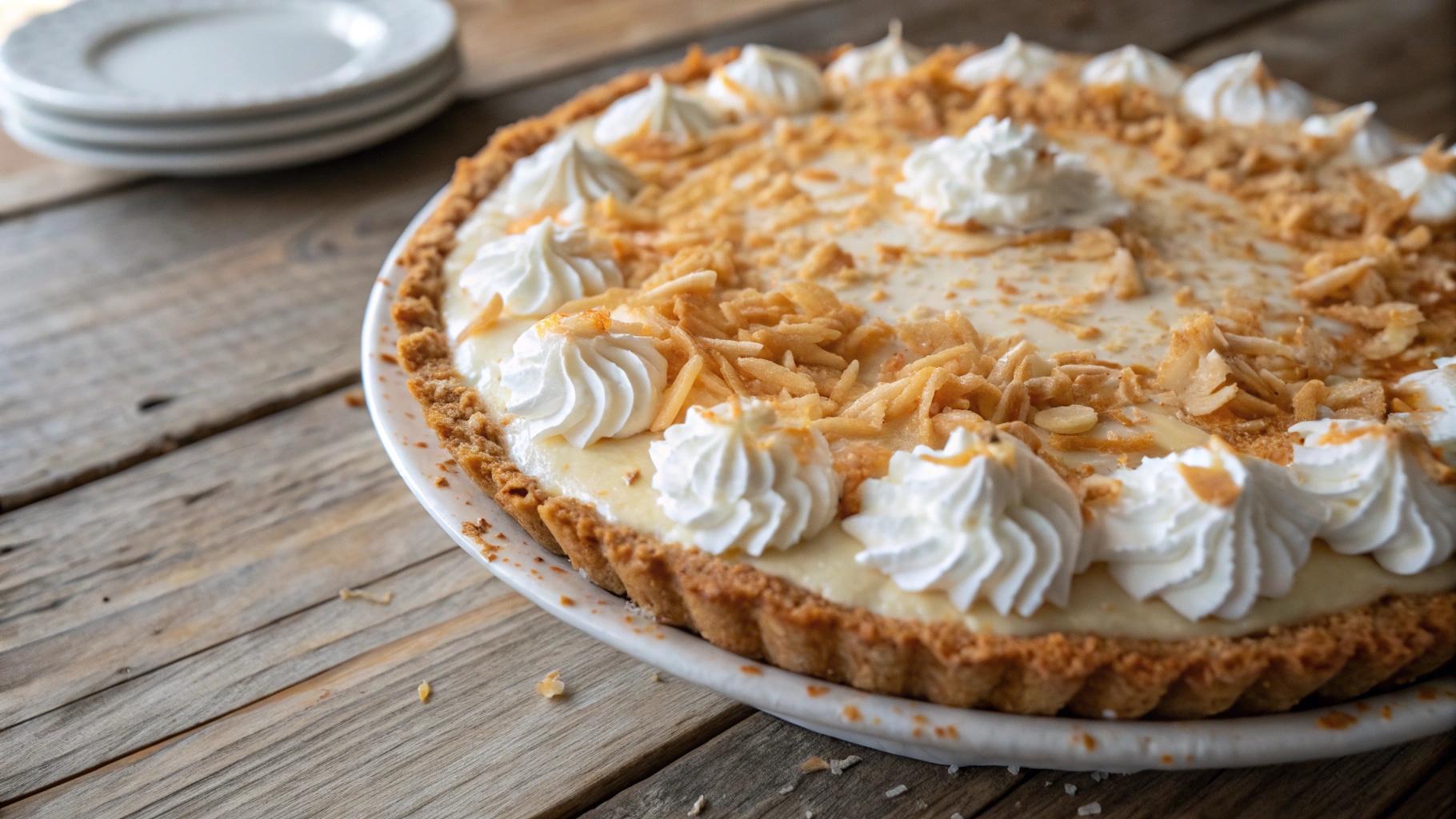 No-Bake Double Coconut Cream Pie with whipped topping and toasted coconut