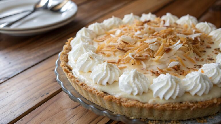 No-Bake Double Coconut Cream Pie with whipped topping and toasted coconut
