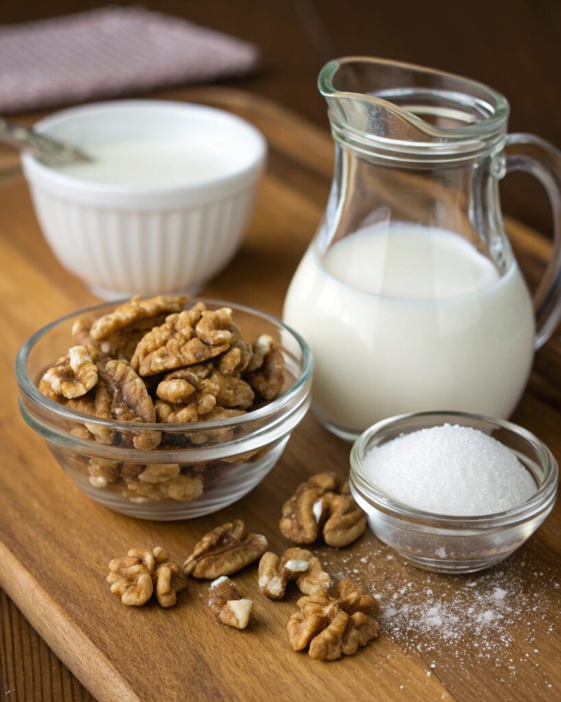 Key ingredients for Chinese Creamy Walnut Dessert Soup: walnuts, sugar, and milk