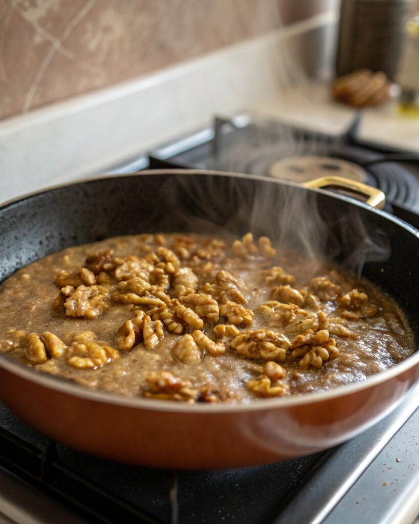 Simmering walnut paste in a pot for Chinese Walnut Soup