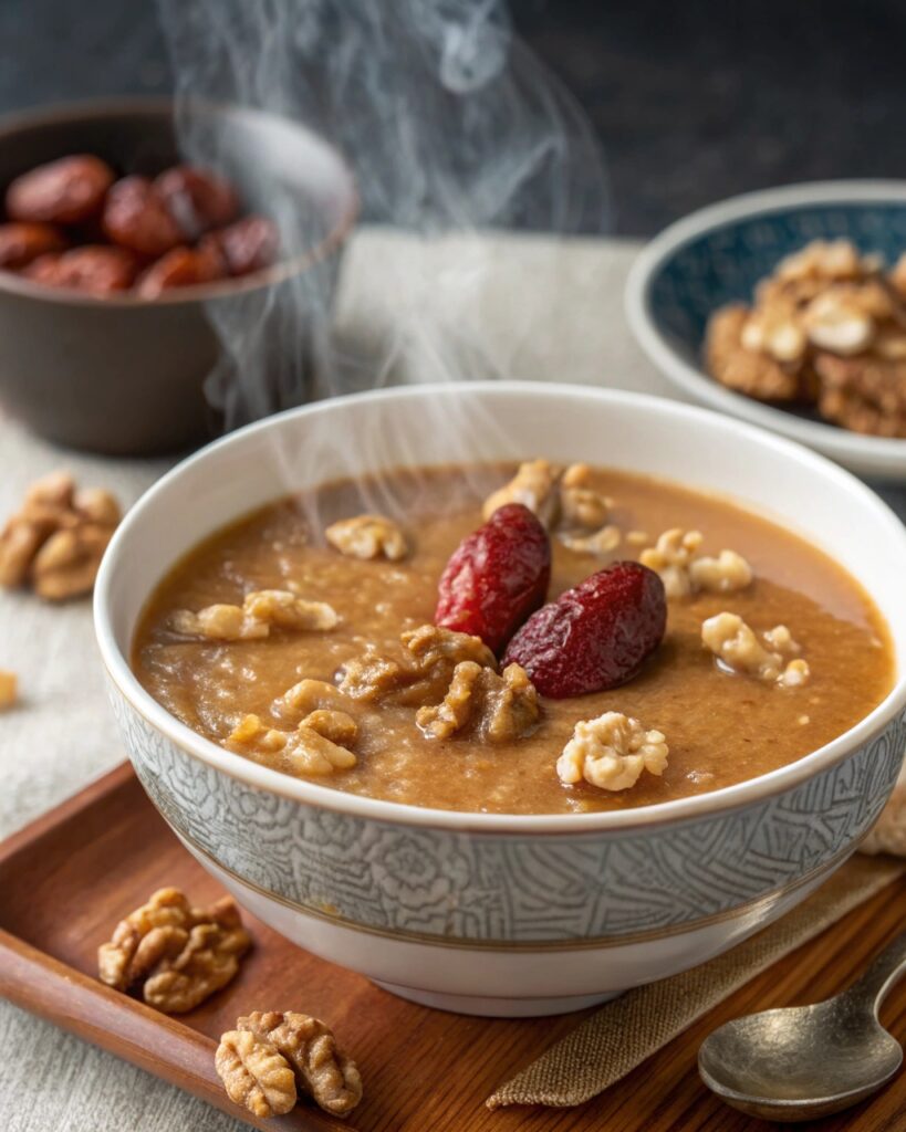 Chinese Creamy Walnut Dessert Soup served with walnut pieces and red dates