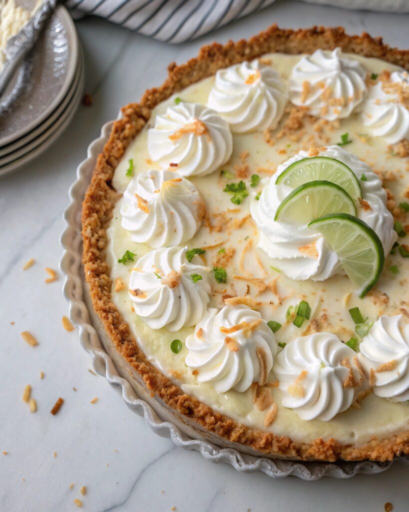 Decorated no-bake double coconut cream pie