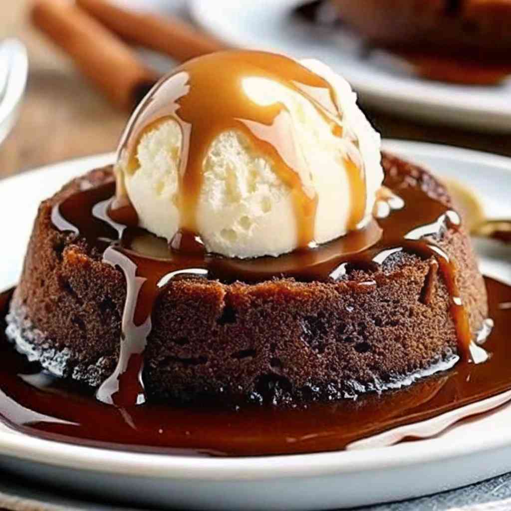 Gordon Ramsay Sticky Toffee Pudding Recipe dessert served with cream and sauce