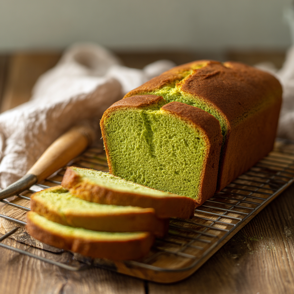Matcha pan loaf on cooling rack with green crumb