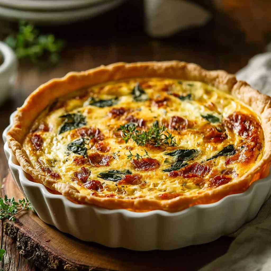 Marry Me Quiche Recipe in a white dish on a wooden table