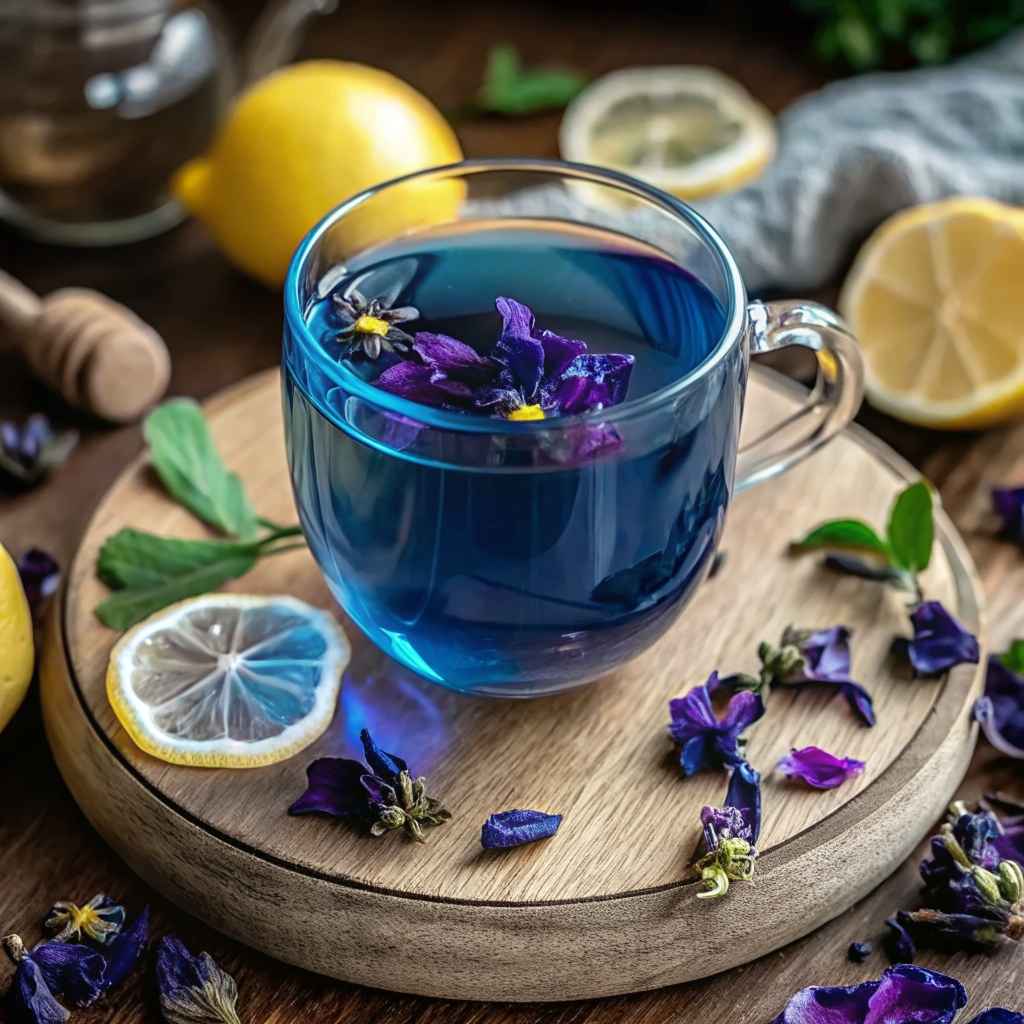 butterfly pea flower tea recipe in glass cup with lemon