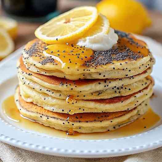 Stack of lemon poppyseed protein pancakes with honey and lemon zest