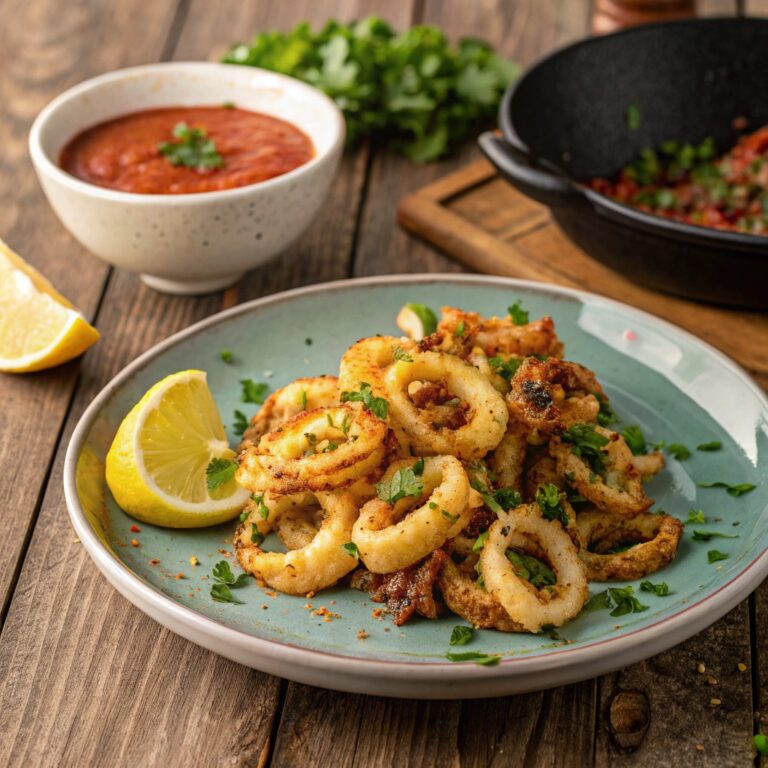 BBQ Calamari grilled to perfection, with a crispy golden exterior, served with lemon wedges and dipping sauce.