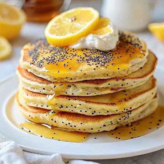 Lemon poppyseed protein pancake recipe card with ingredients
