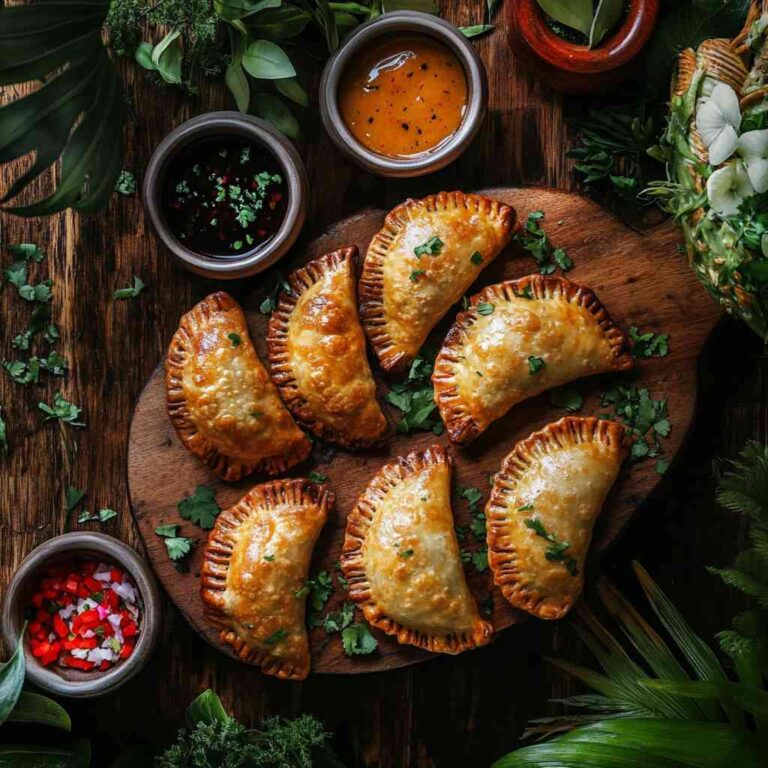 Filipino chicken empanada recipe served on wooden board