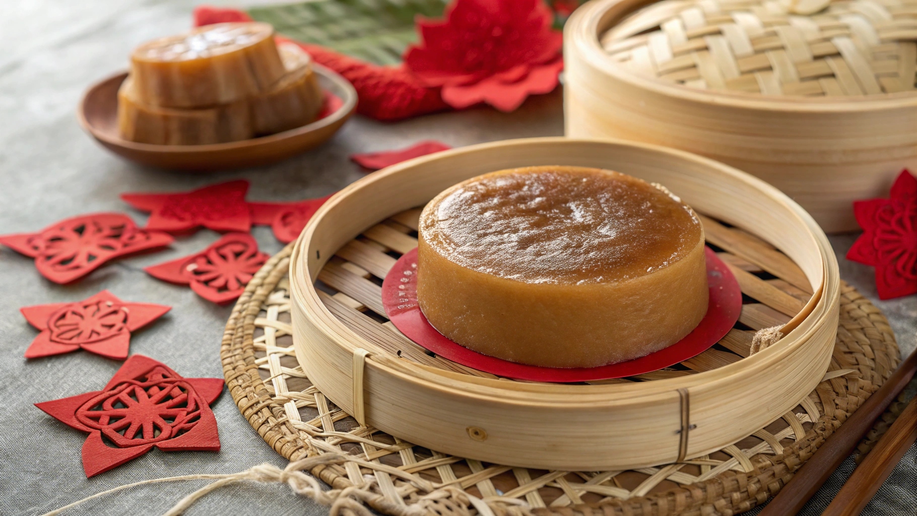 Nian Gao traditional rice cake on bamboo plate