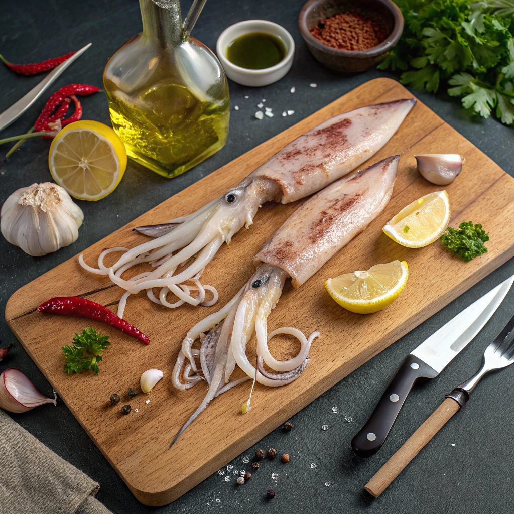 Fresh calamari and key ingredients for BBQ calamari, including garlic, lemon, parsley, and red pepper flakes.