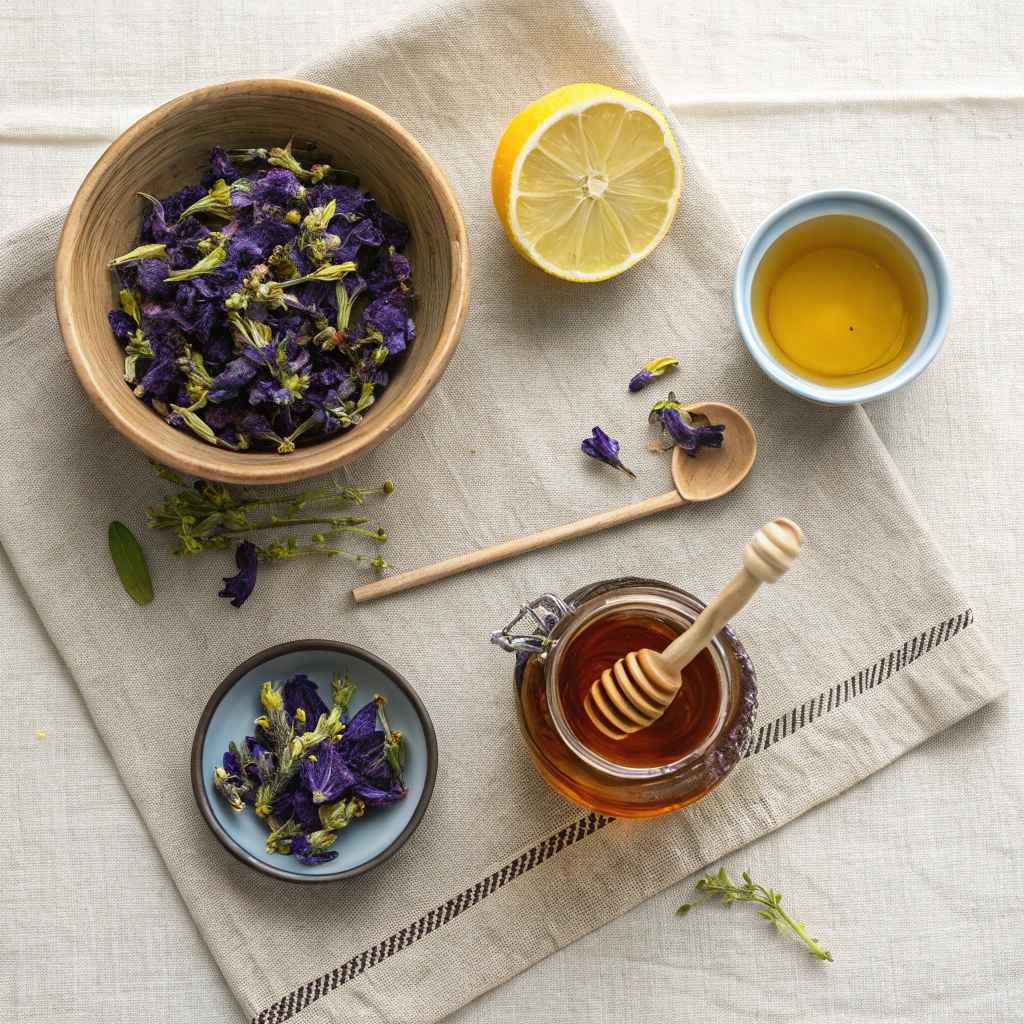 butterfly pea flower tea ingredients on rustic table