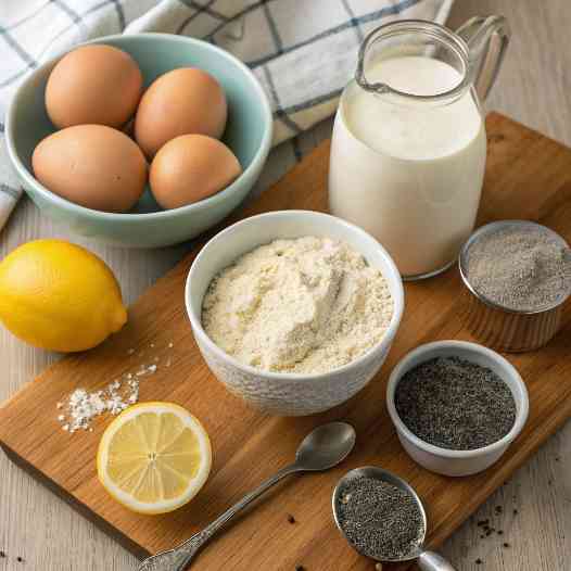 Ingredients for lemon poppyseed protein pancakes arranged on a cutting board