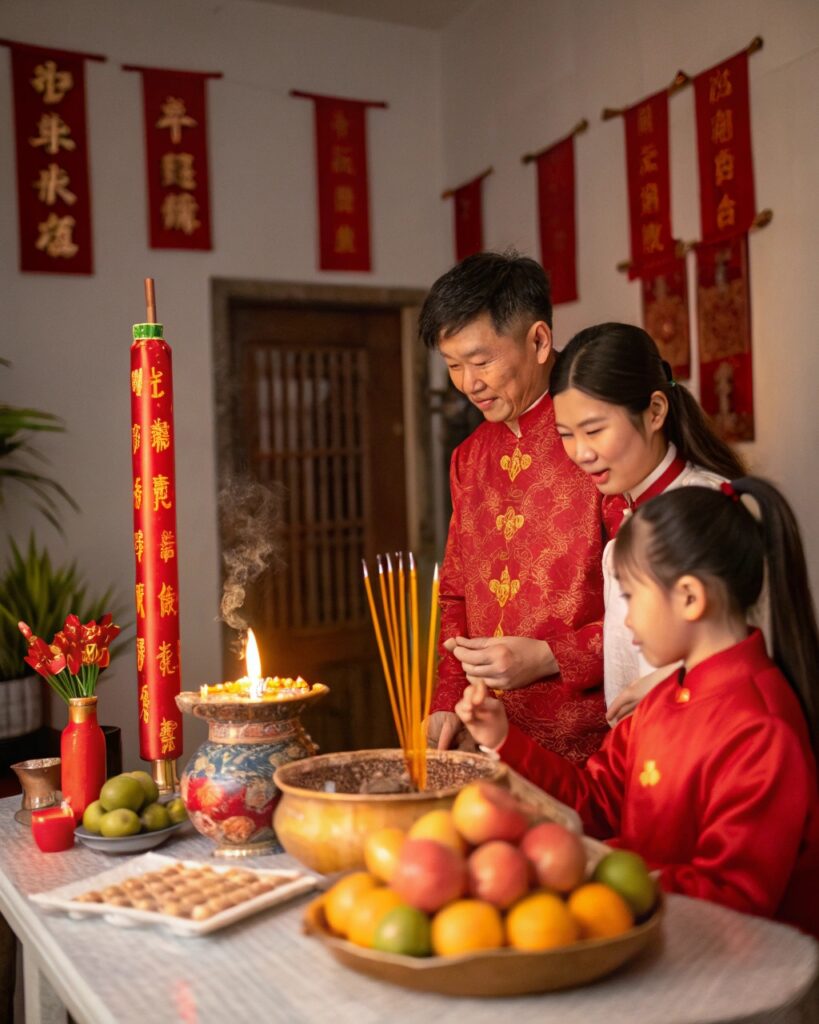 Family offering Nian Gao during Lunar New Year