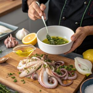 Marinating calamari with garlic, lemon juice, and spices before grilling.