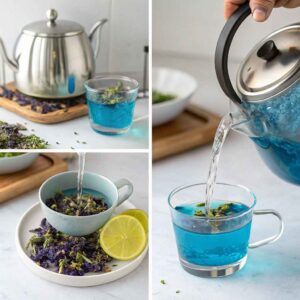butterfly pea flower tea brewing steps collage