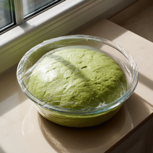 Matcha pan dough proofed and ready for shaping