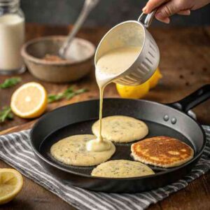 Cooking lemon poppyseed protein pancake batter in a skillet