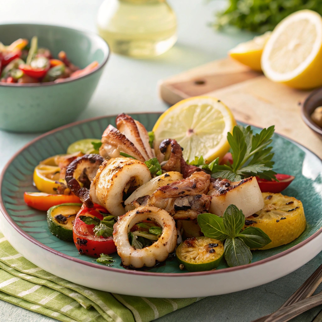 BBQ calamari recipe – served with lemon and grilled veggies