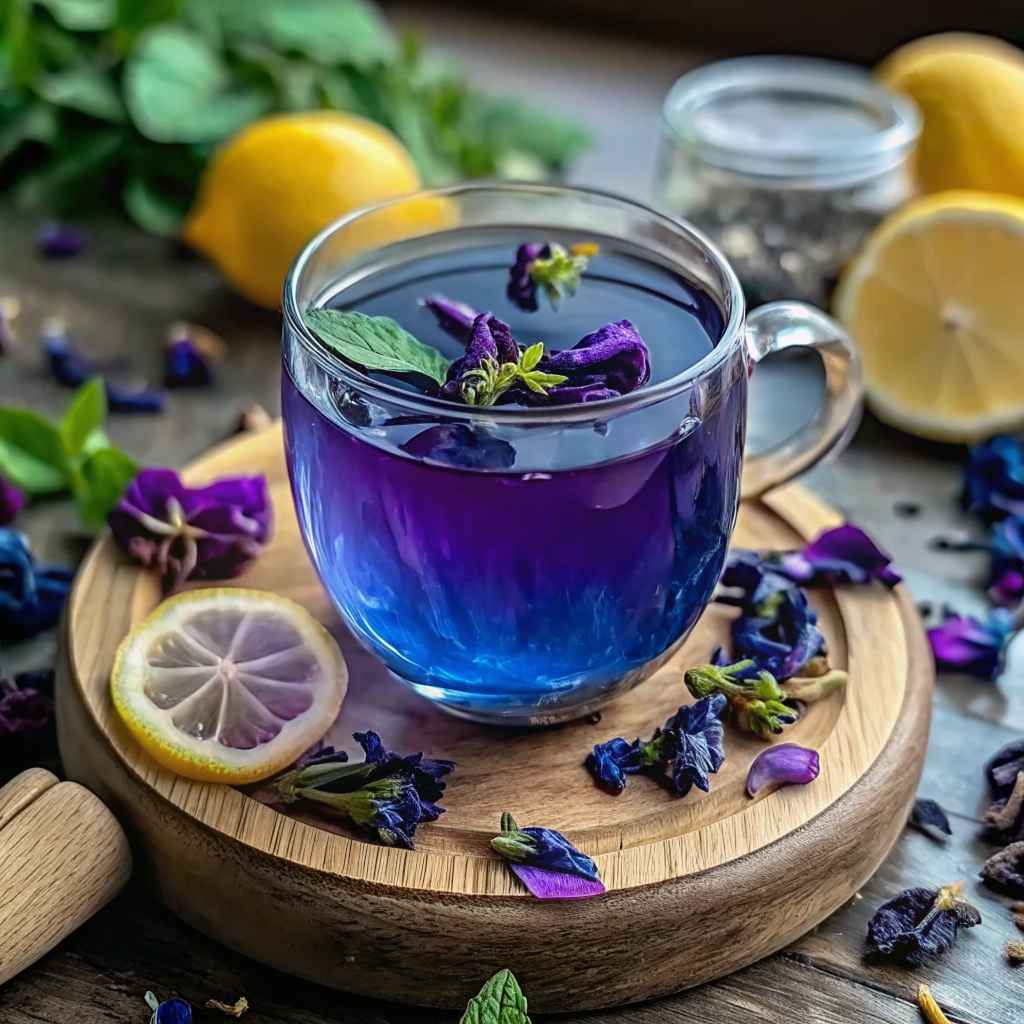 iced butterfly pea tea with lemon and mint