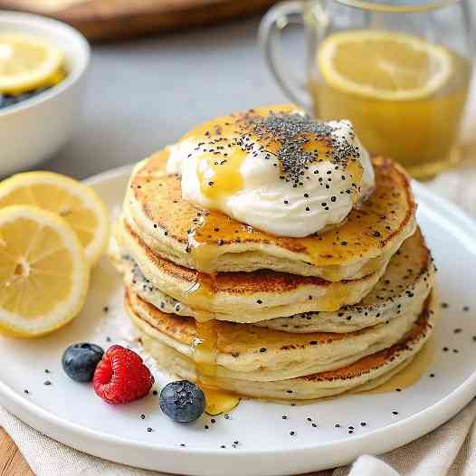Served lemon poppyseed protein pancakes with berries and yogurt