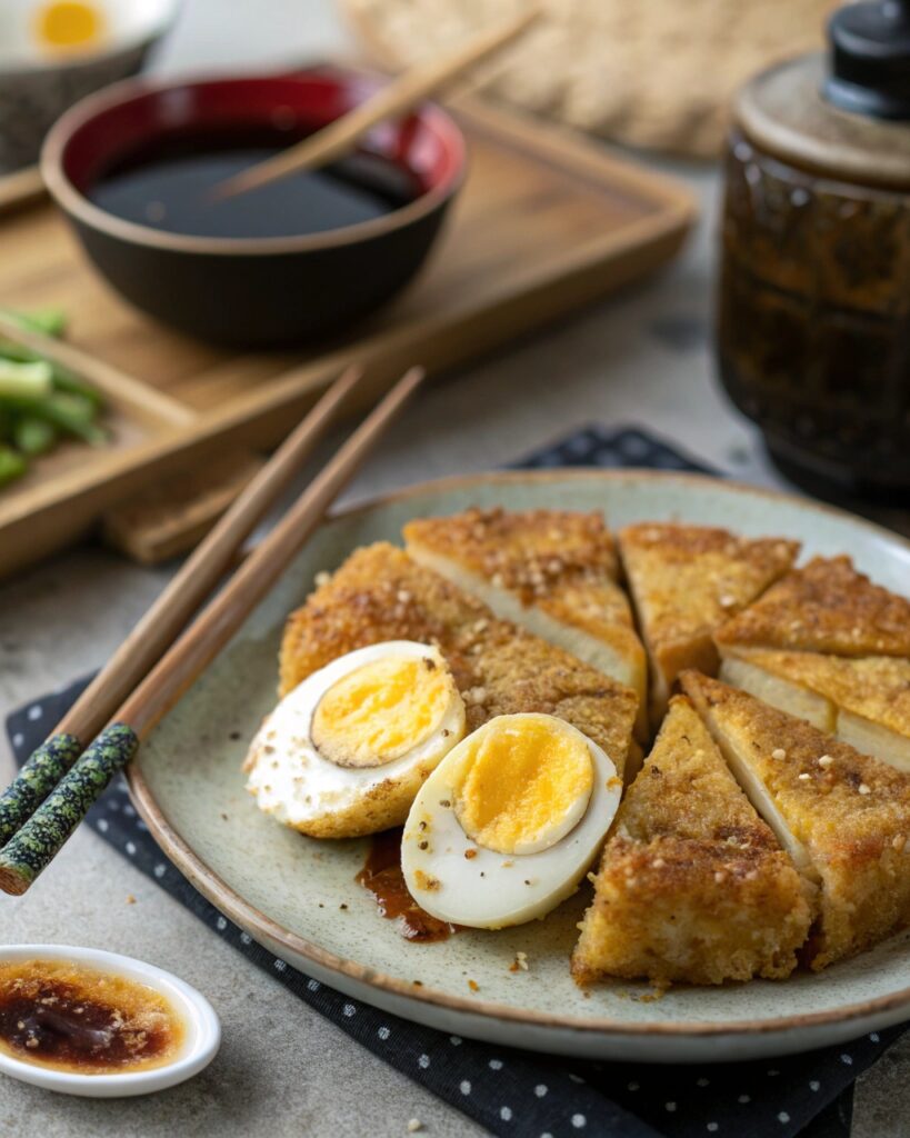 Pan-fried Nian Gao slices with egg on a plate