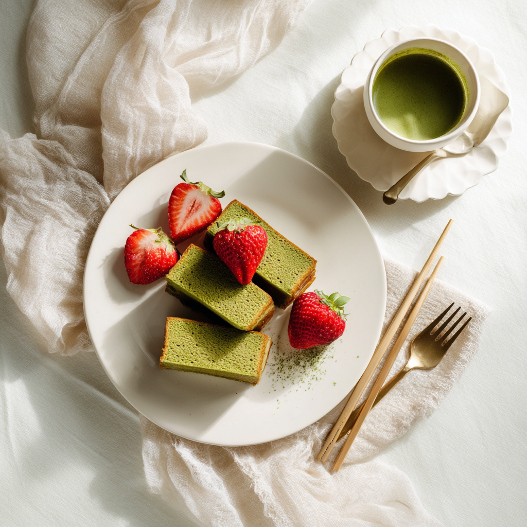 Matcha pan slices served with tea and strawberries