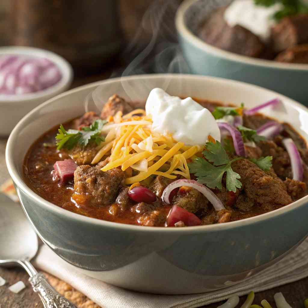 Steak and beef chili recipe with toppings and cornbread