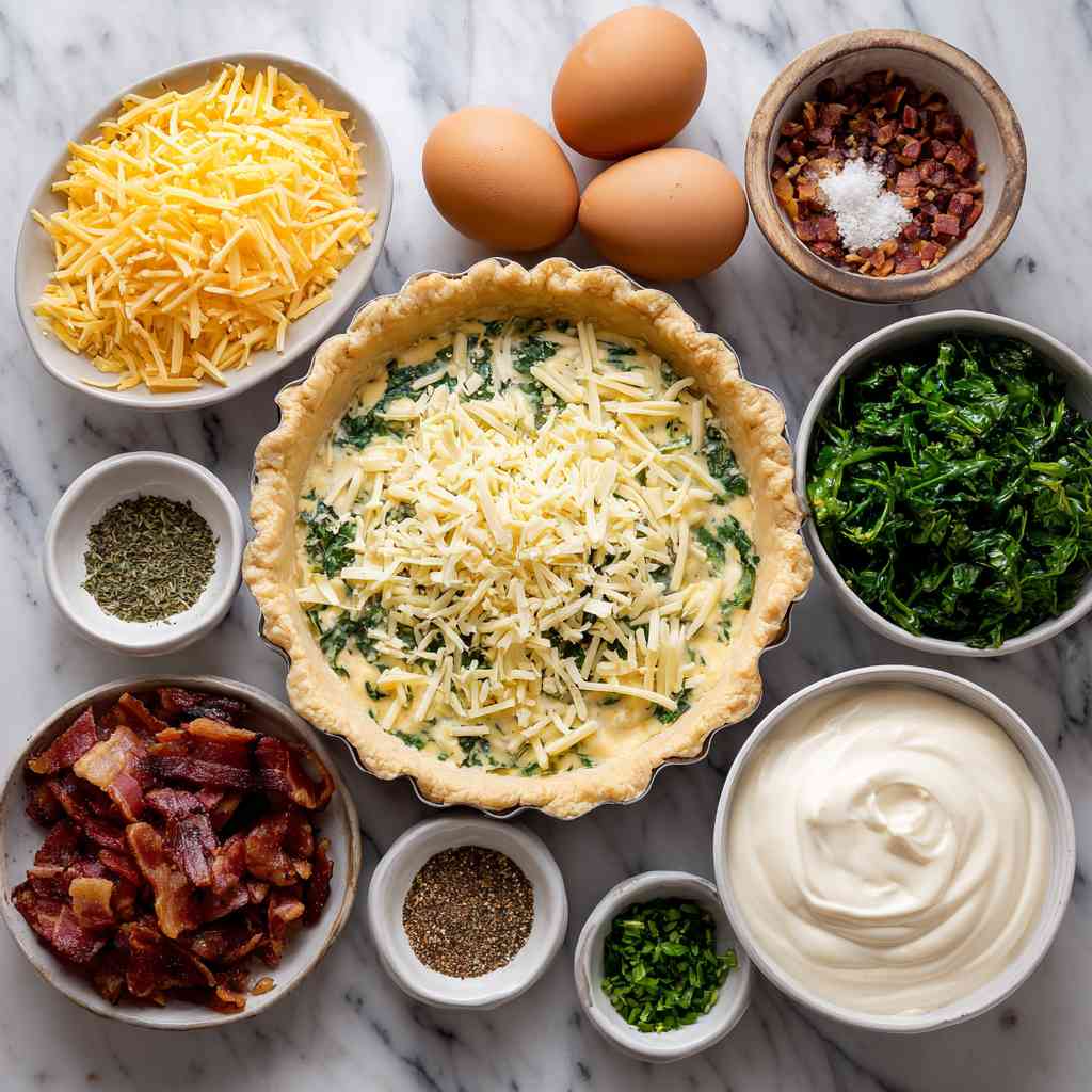 Ingredients for Marry Me Quiche Recipe laid on marble surface