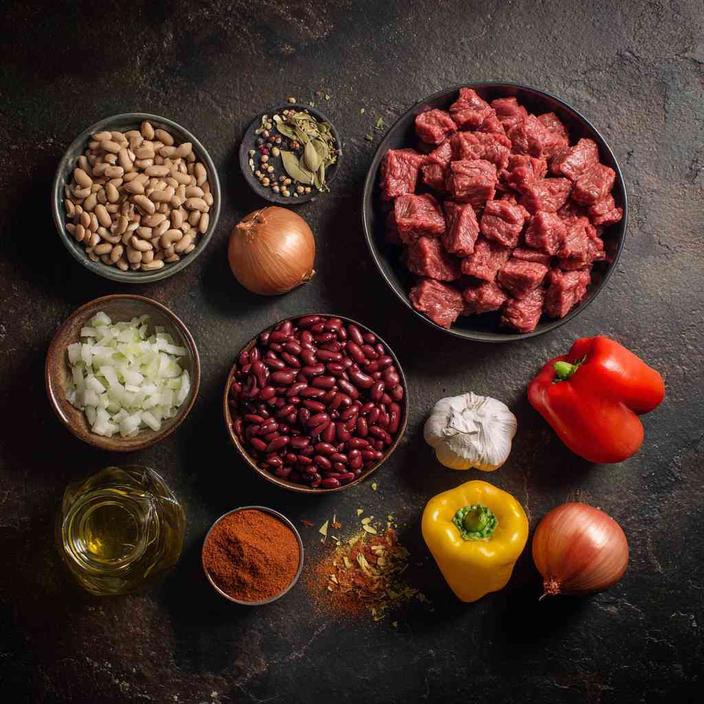 Ingredients for steak and beef chili recipe including meat, beans, and spices
