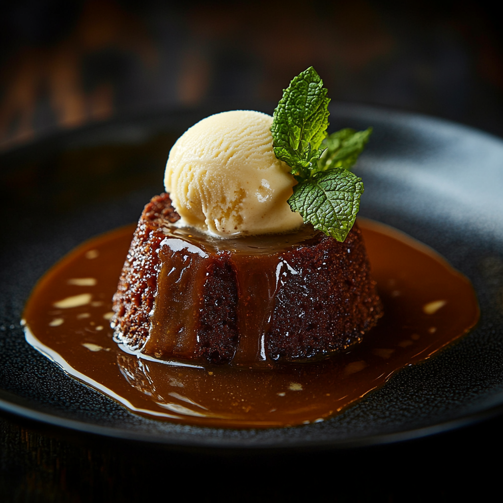 Served sticky toffee pudding with ice cream