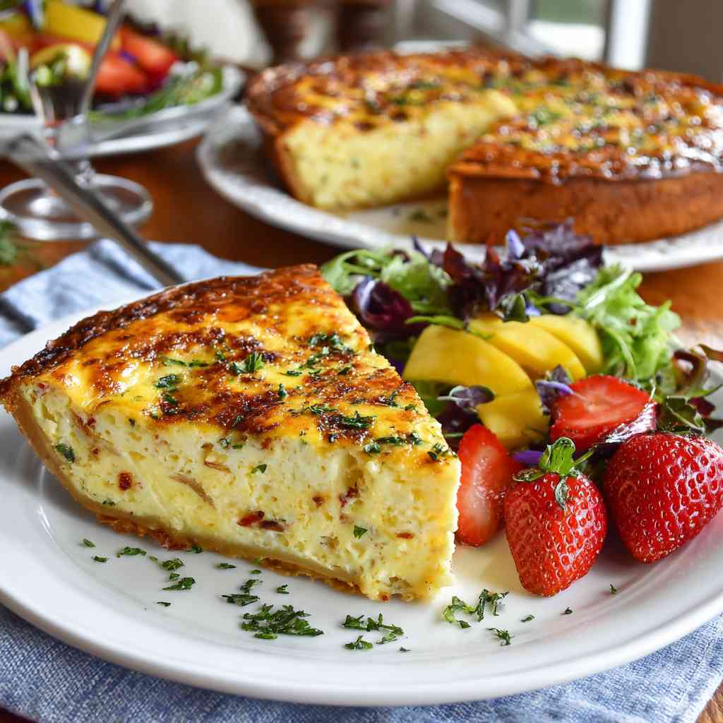 Served slice of Marry Me Quiche with salad