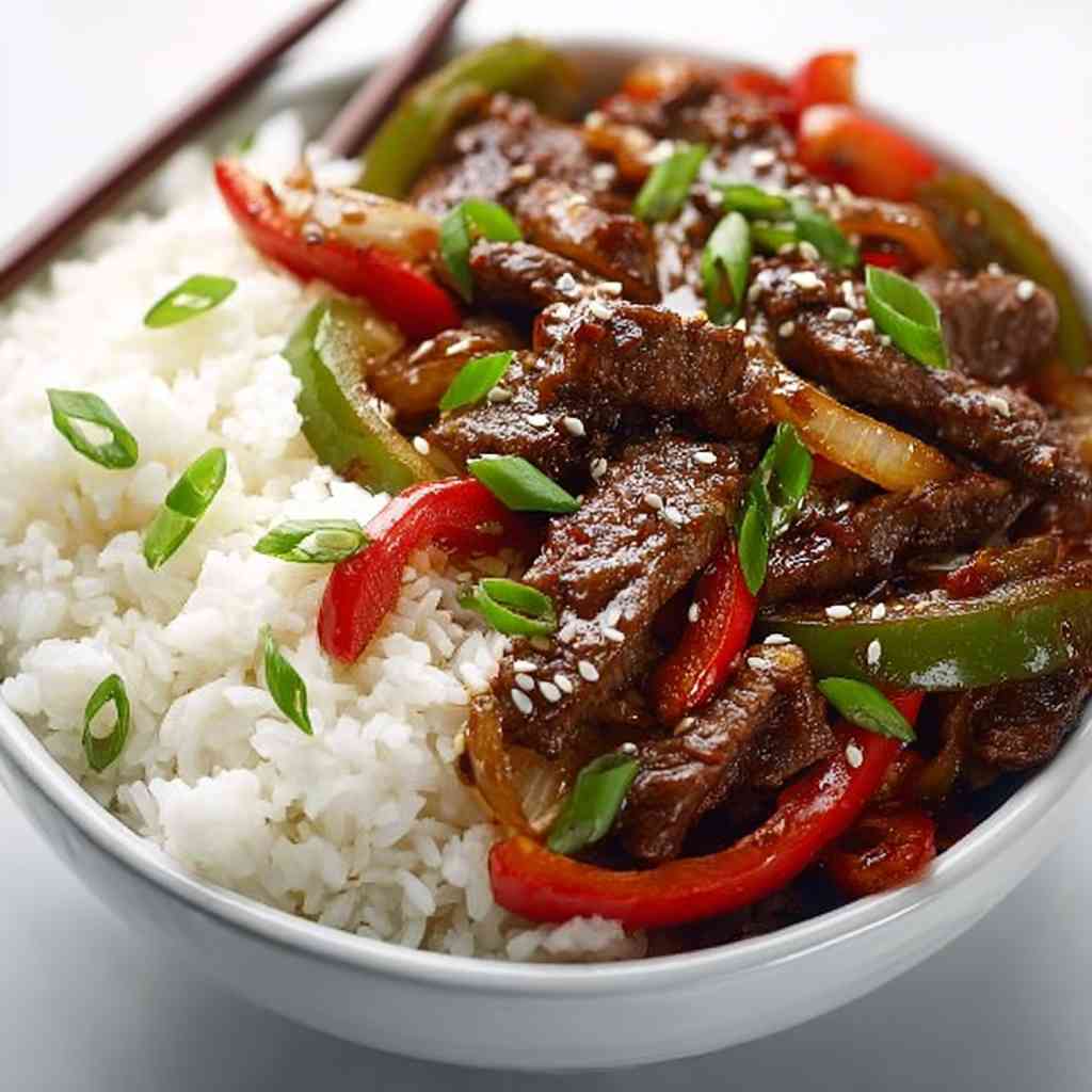 Pepper steak recipe served over jasmine rice
