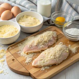 Coating Parmesan crusted chicken in breadcrumb and cheese mixture