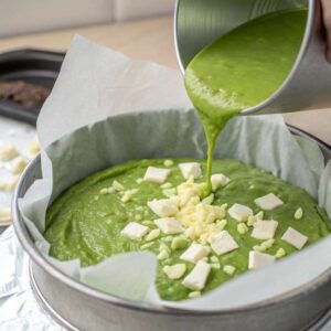 matcha mochi batter poured into baking pan