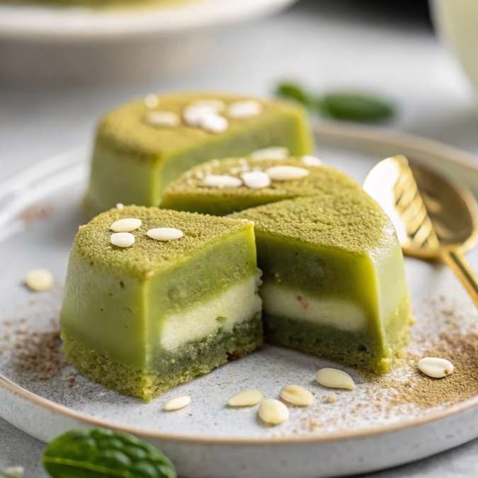 sliced matcha white chocolate mochi cake on plate