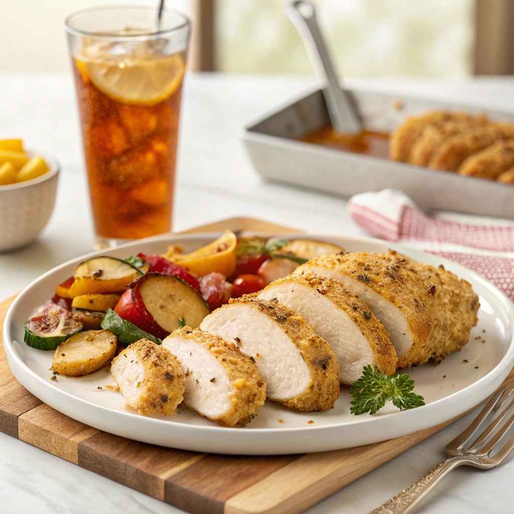 Serving Parmesan crusted chicken with sides