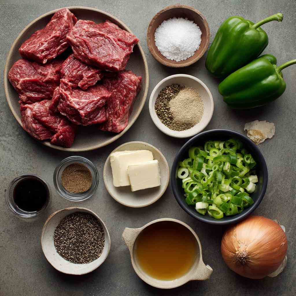 Ingredients for pepper steak recipe on marble counter